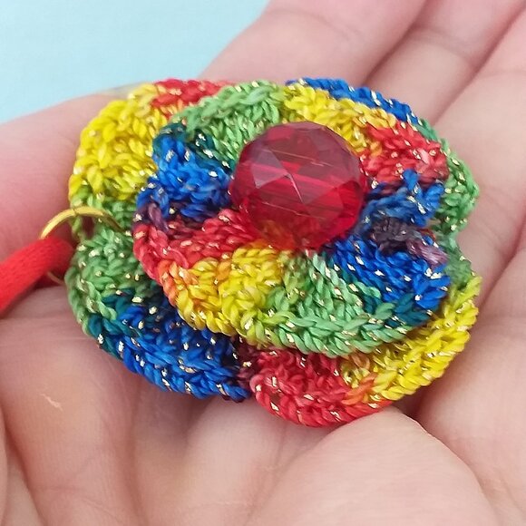 🌹 Handmade Multicolor Crochet Rose Necklace & Red Czech Crystal Earrings Set 🌟 - Picture 8 of 13